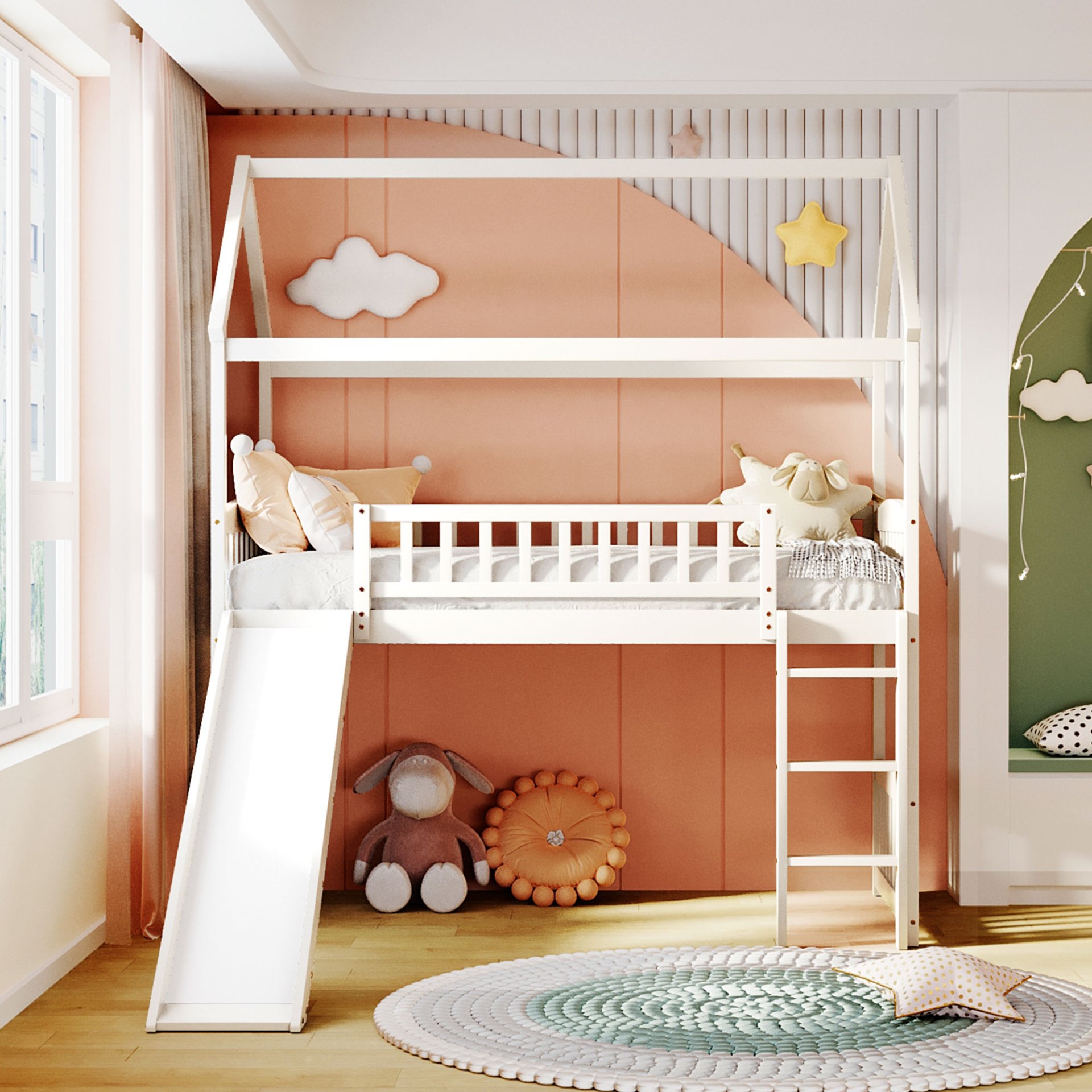 Twin House Loft Bed With Slide - White - Image 2