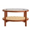 Modern Minimalist Circular Double Layer Solid Wood Coffee Table With Glass Top, Rattan Layer - Walnut - Image 12