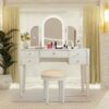 Mirrored Vanity With LED Light, Makeup Vanity Table Set With Adjustable Lighting And Storage - Antique White - Image 2