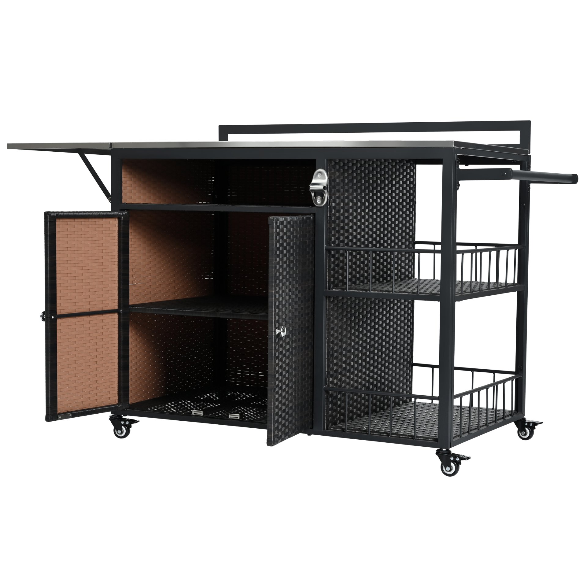 Outdoor Kitchen Island With Storage, Cooking Station, Grill Cart, Foldable Tabletop, And Bottle Opener - Dark Brown - Image 14