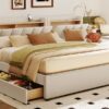 Queen & Twin Long Size Upholstered Platform Bed, Mother & Child Bed With Hydraulic Storage System, Drawer Box, Bedhead Storage Shelf And 2 Pairs Of Sockets & USB Ports - Beige - Image 20