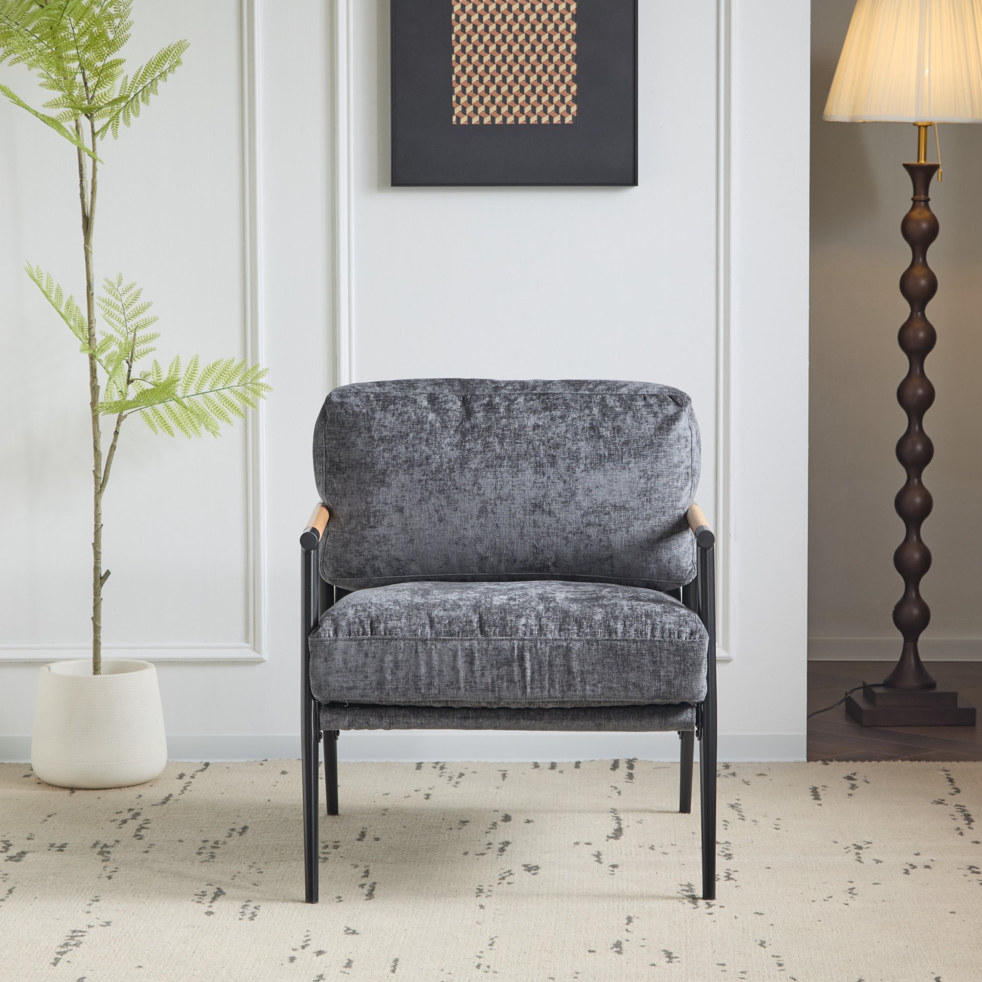 Modern Accent Chair With Plush Cushions, Minimalist Metal Frame, Wooden Armrest - Gray - Image 6