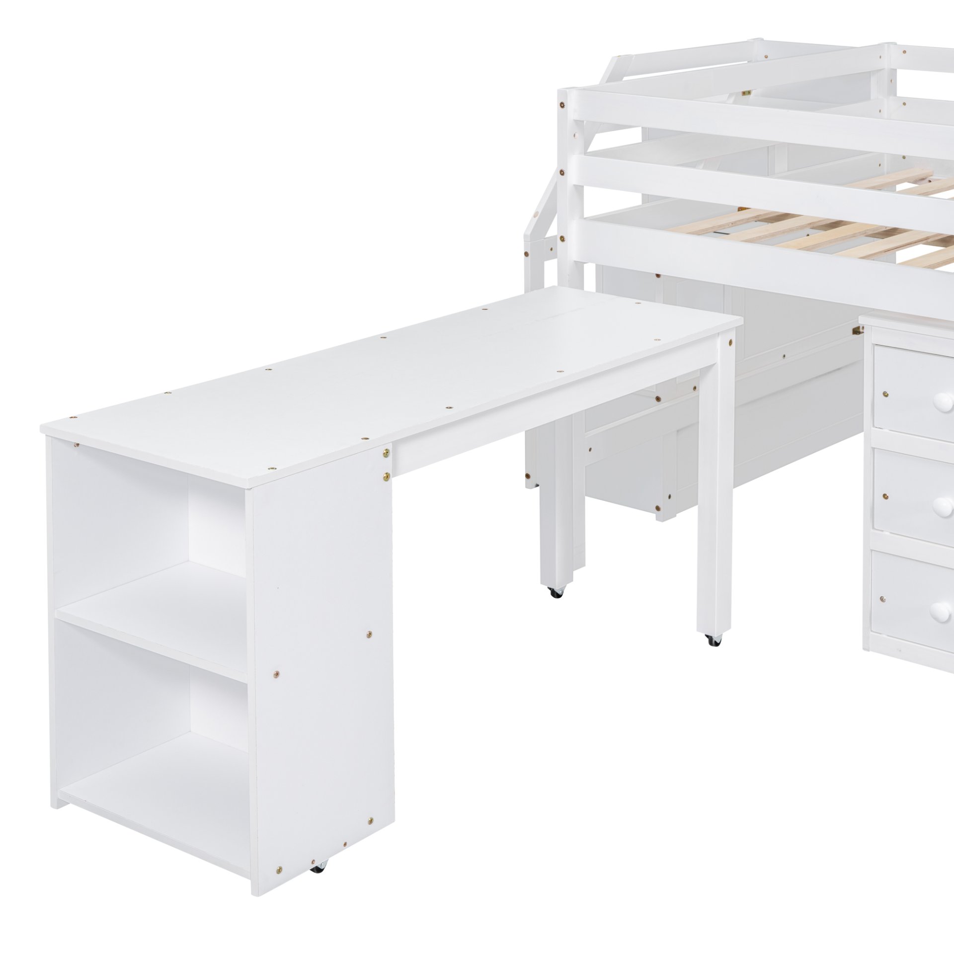 Full Size Loft Bed With Retractable Writing Desk And 3 Drawers With Storage Stairs And Shelves - White - Image 14
