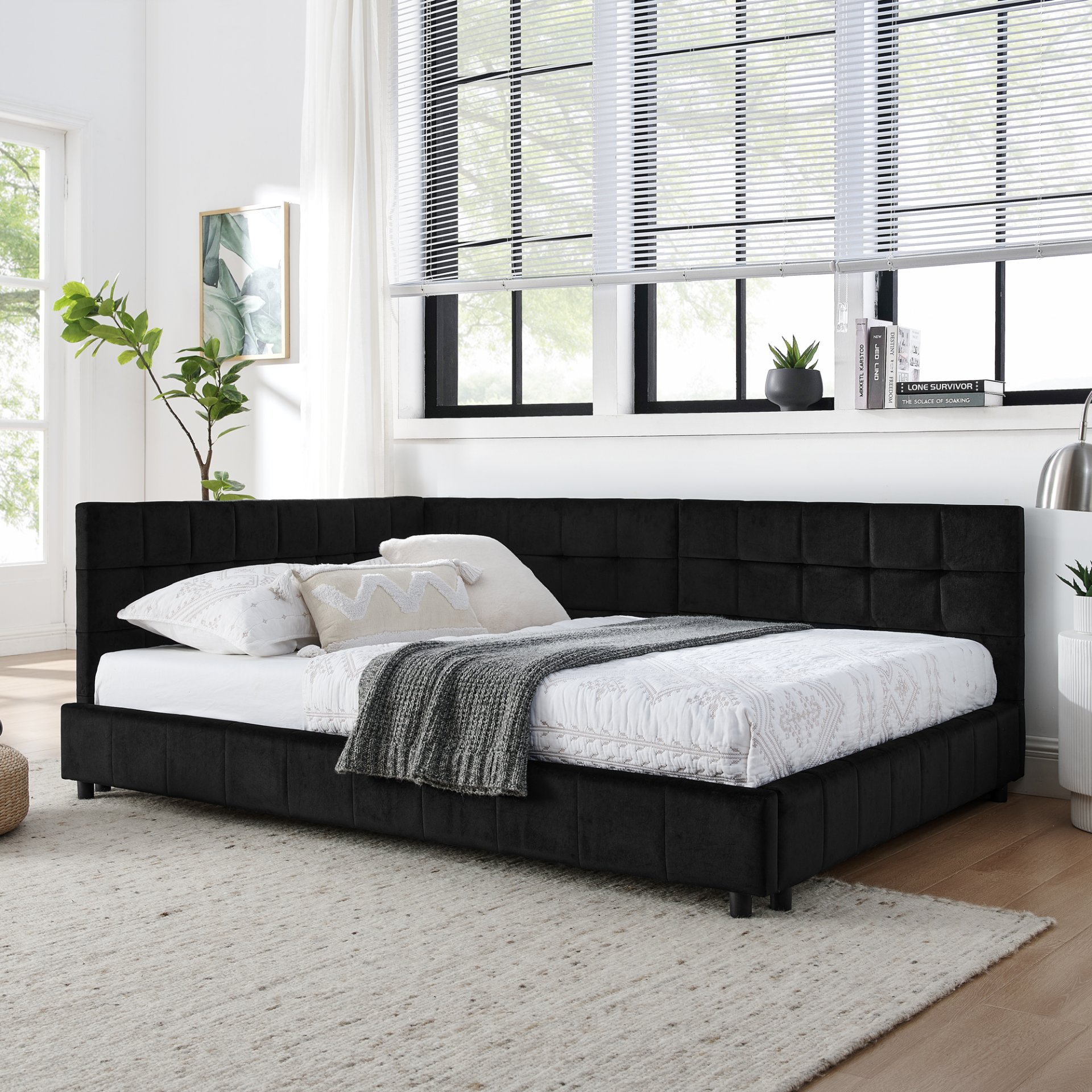 Mid Century Full Size Upholstered Tufted Bed Frame & Comfortable Backrest And Armrests Velvet - Black - Image 5