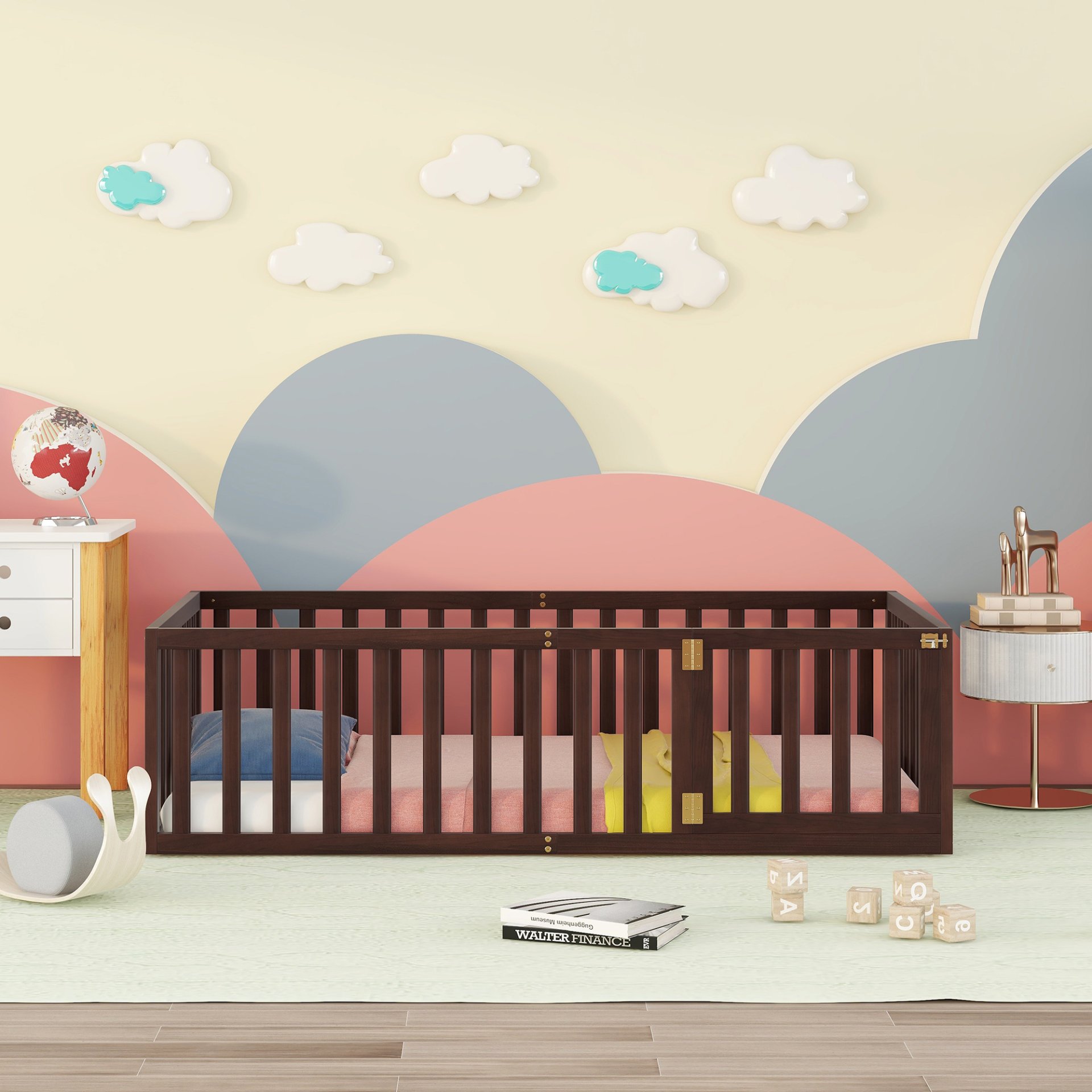 Twin Size Floor Bed Frame With Fence And Door - Walnut - Image 2