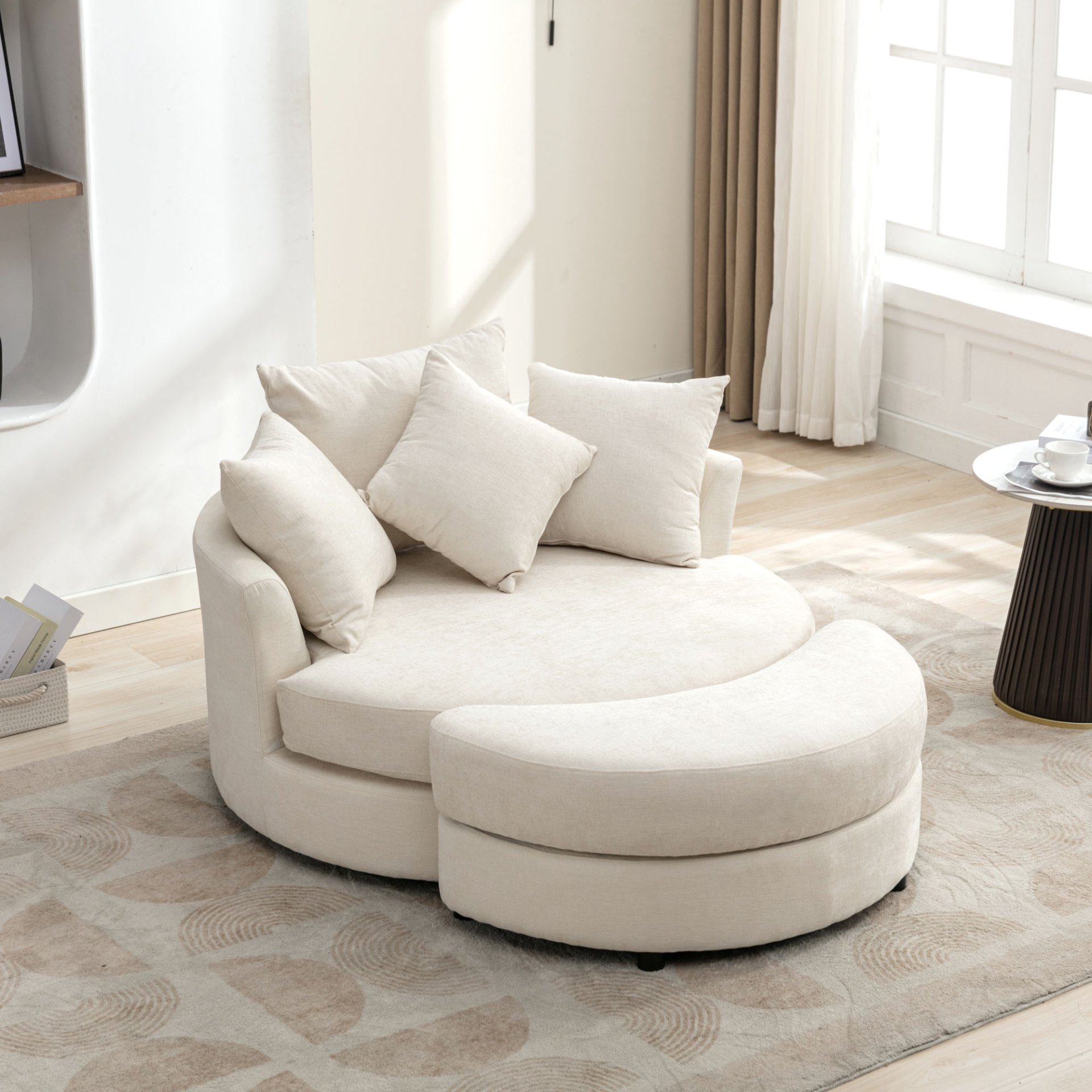 360° Swivel Accent Barrel Chair With Storage Ottoman & 4 Pillows, Modern Chenille Leisure Chair Round Accent For Living Room - Cream - Image 24