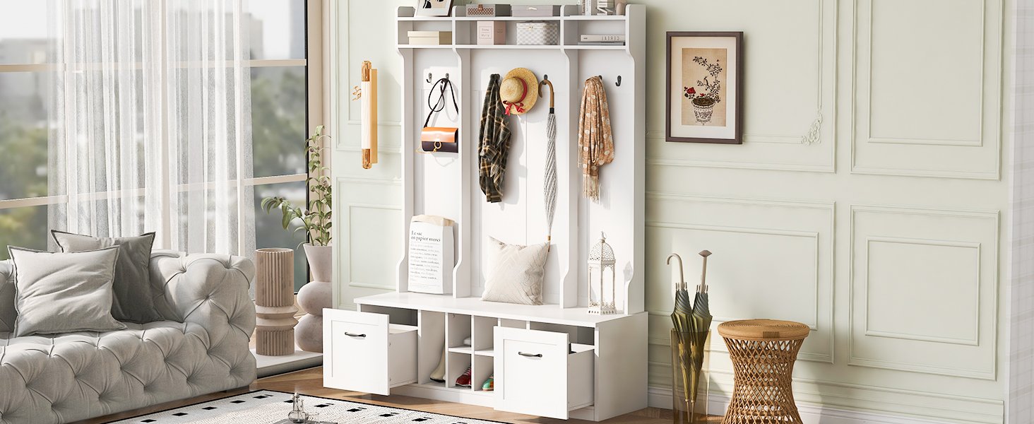 5 In 1 Entryway Bench With Coat Rack, 7 Sturdy Hooks, 2 Spacious Drawers And Adjustable Shelves, Wide Hall Tree With Metal Handles For Hallway - White - Image 10