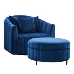 Oversized Swivel Barrel Accent Chair And Ottoman Set With Storage - Navy