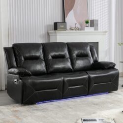 3 Seater Home Theater Recliner Manual Recliner Chair With A Led Light Strip Two Built-In Cup Holders For Living Room - Black