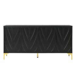 Modern Sideboard Buffet Cabinet With Handleless Press To Open Design, Carved Credenza Storage Cabinet With 4 Doors Construction - Black