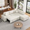 Sectional Sofa L-Shaped Sofa Couch Pull-Out Sofa Bed With A Movable Ottoman, Two USB Ports And Two Cup Holders For Living Room - Beige - Image 10