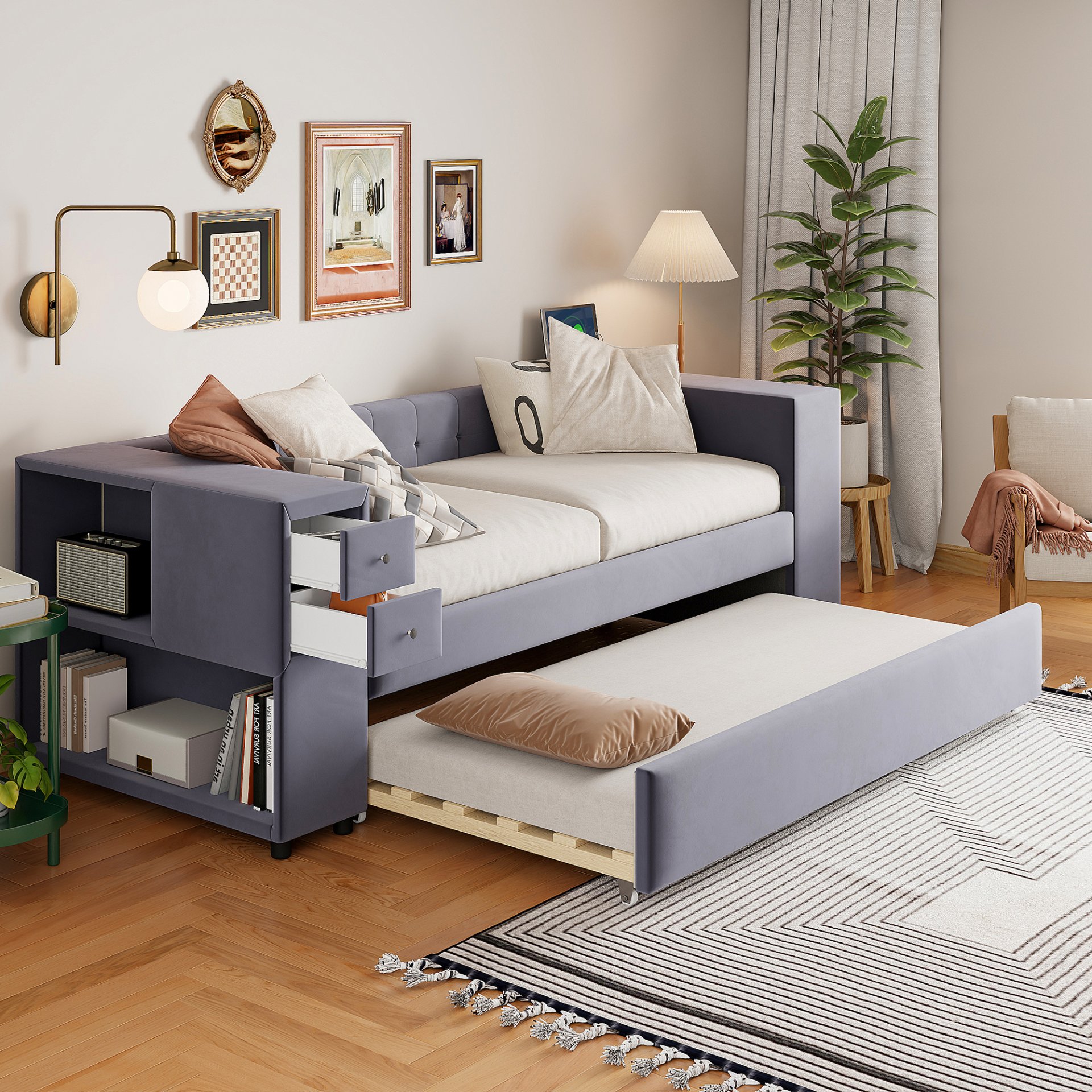 Twin Upholstered Bed With Storage And Twin Trundle, USB Charging Ports - Gray - Image 2