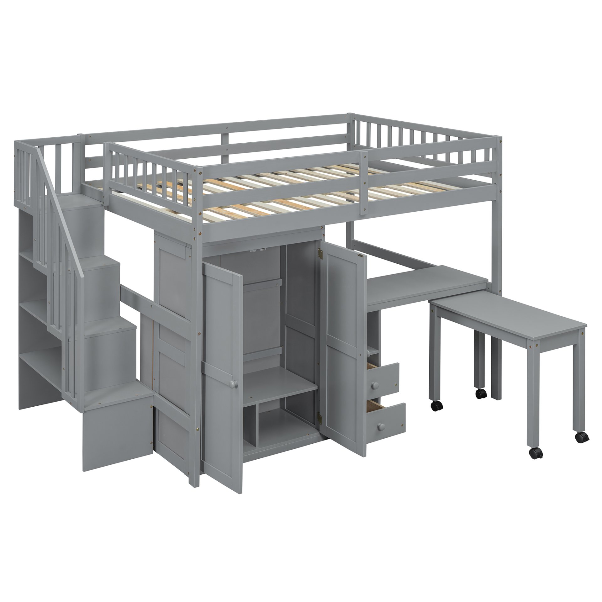 Full Size Loft Bed With Stairs, Bookshelf, Drawers, Desk & Wardrobe, Space Saving Multifunctional Furniture - Gray - Image 13