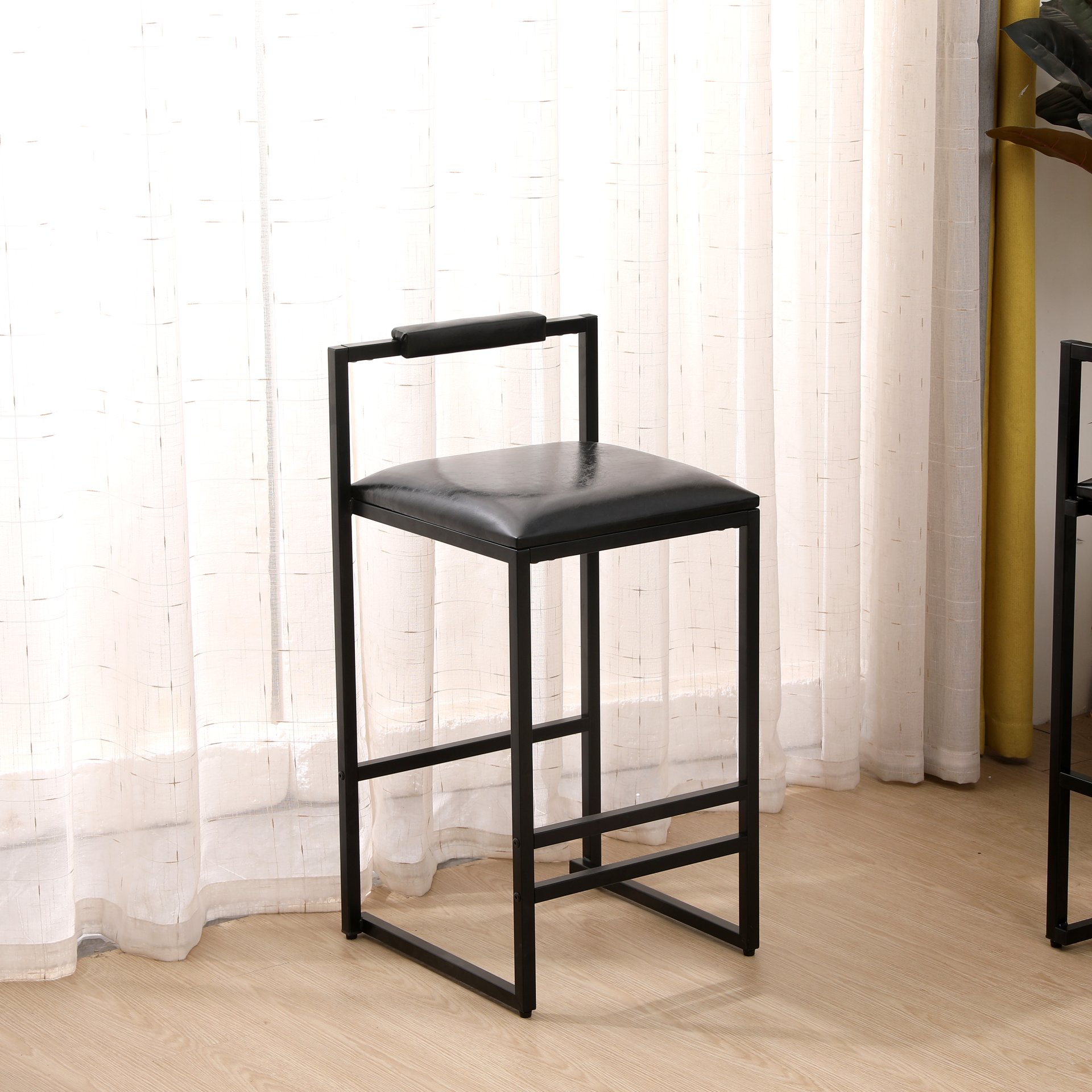 Elegant Bar Stool Set With Backrest And Footrest, Upholstered, Iron Frame, Counter Height - Black - Image 4