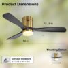 Flush Mount Ceiling Fan With 3 Solid Wood Blades Remote Control Reversible DC Motor For Living Room - Gold - Image 8