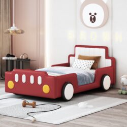 Twin Size Race Car Shaped Platform Bed & Wheels - Red