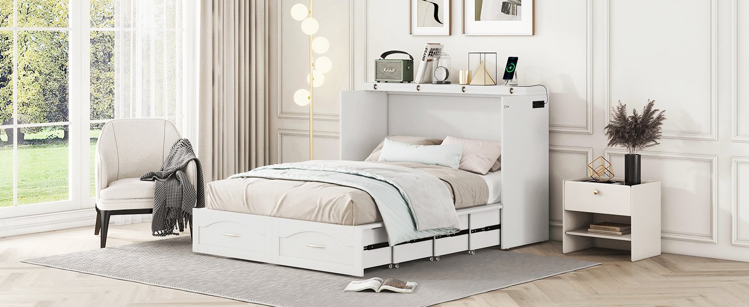Full Size Murphy Wall Bed With Drawer And A Set Of Sockets & USB Ports, Pulley Structure Design - White - Image 15
