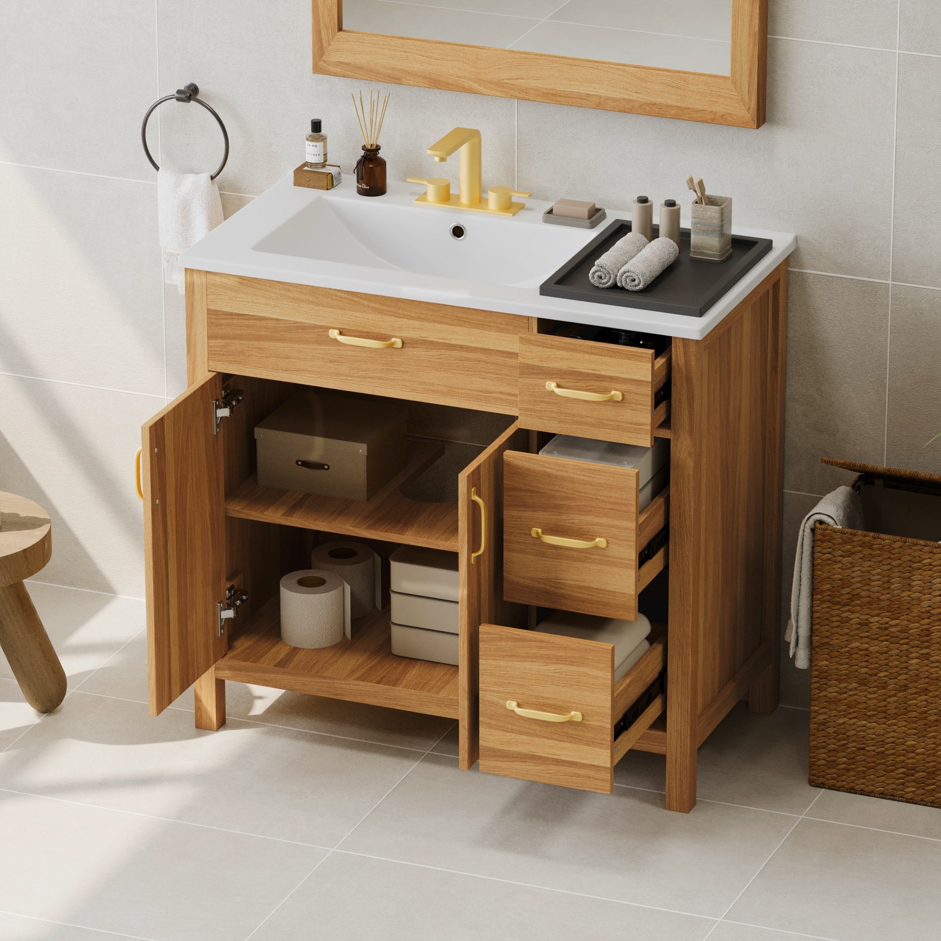 Bathroom Vanity, 2 Soft Close Doors, 3 Soft Close Drawers, Adjustable Shelf - Wood - Image 4