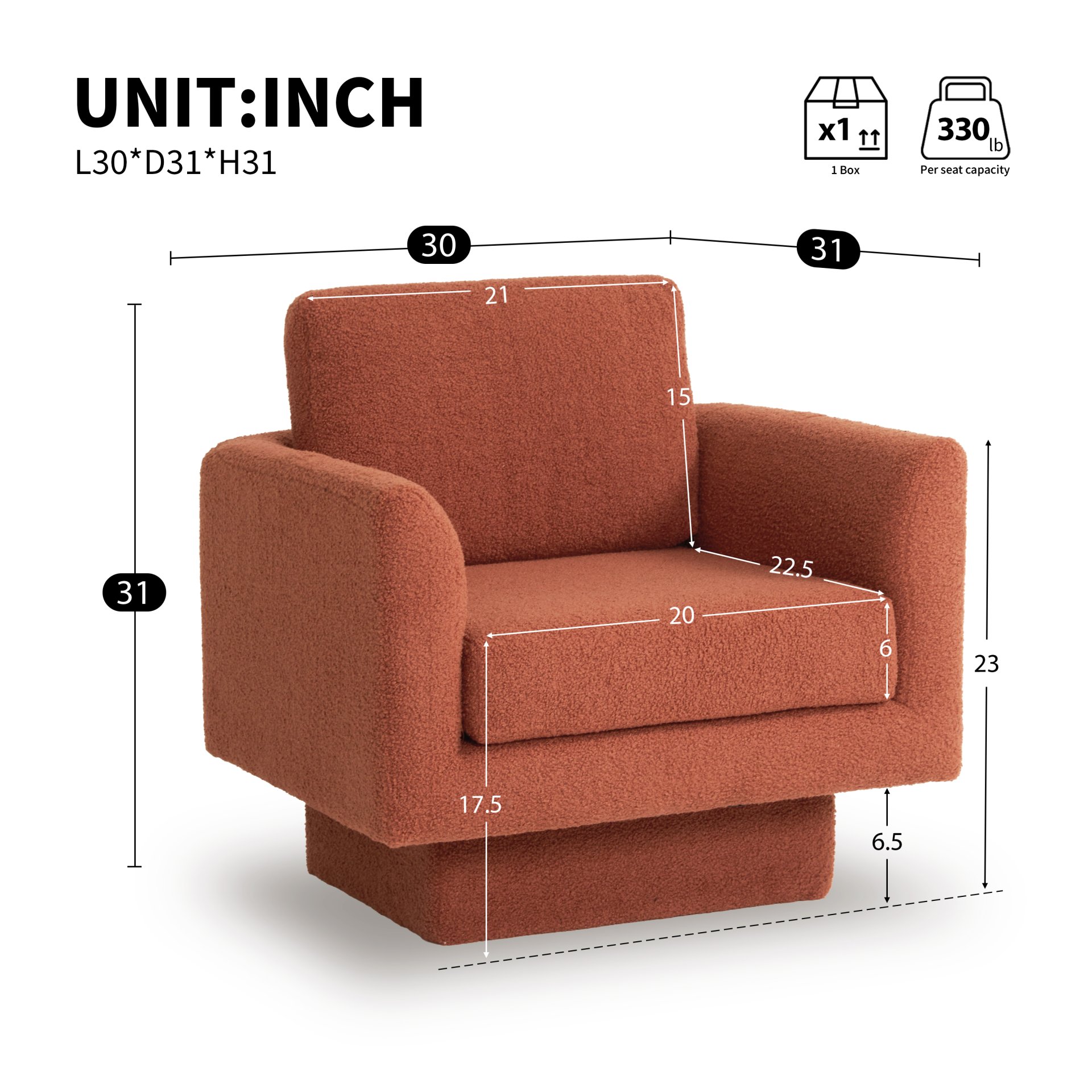 360° Modern Swivel Accent Chair Round Armchair, Thick Padded Single Lounge Sofa Upholstered Comfy - Brick Red - Image 2