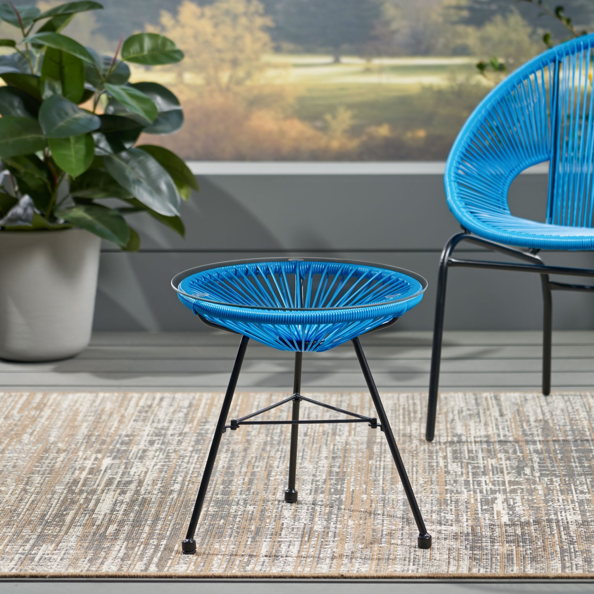 Nusa - Modern Rattan Side Table With Tempered Glass Top - Blue - Image 6