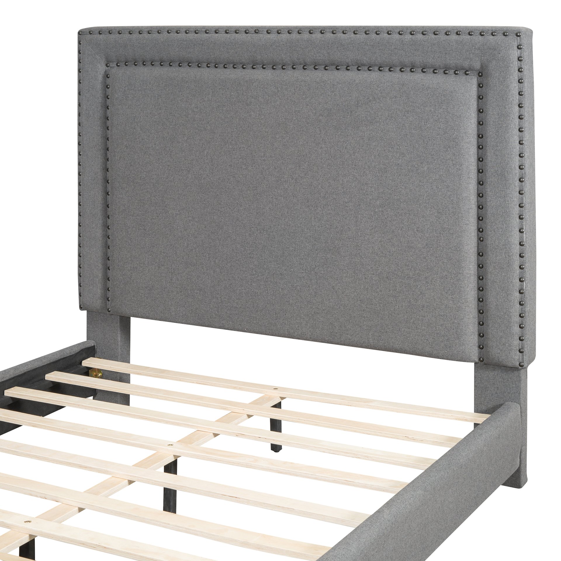 Queen Size Upholstered Bed With Slats Support, No Box Spring Needed - Gray - Image 7