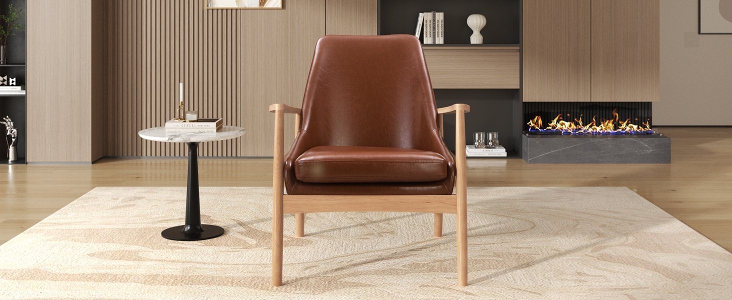 Accent Chair, Mid-Century Modern Armchair With Solid Wood Frame, Reading Leisure Chair With High Back For Living Room - Brown - Image 6