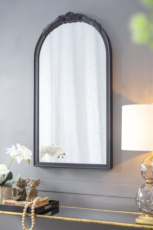 Hand Carved Rose Antique Mirror Frame, Wood Arch Mirror Wall Decor For Living Room, Bathroom, Entryway - Black