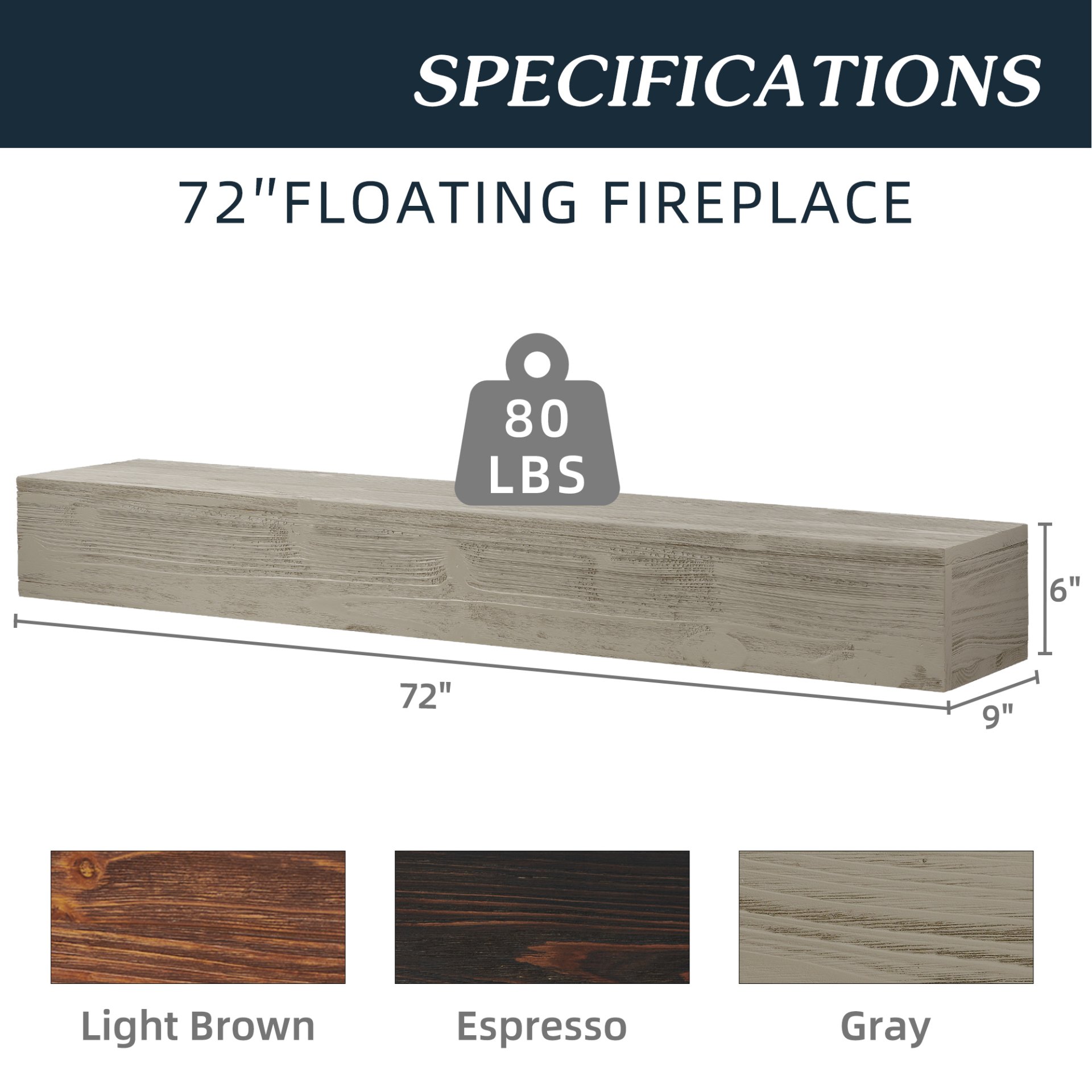 72" Rustic Wood Fireplace Mantel, Wall-Mounted & Floating Shelf For Home Decor - Gray - Image 4