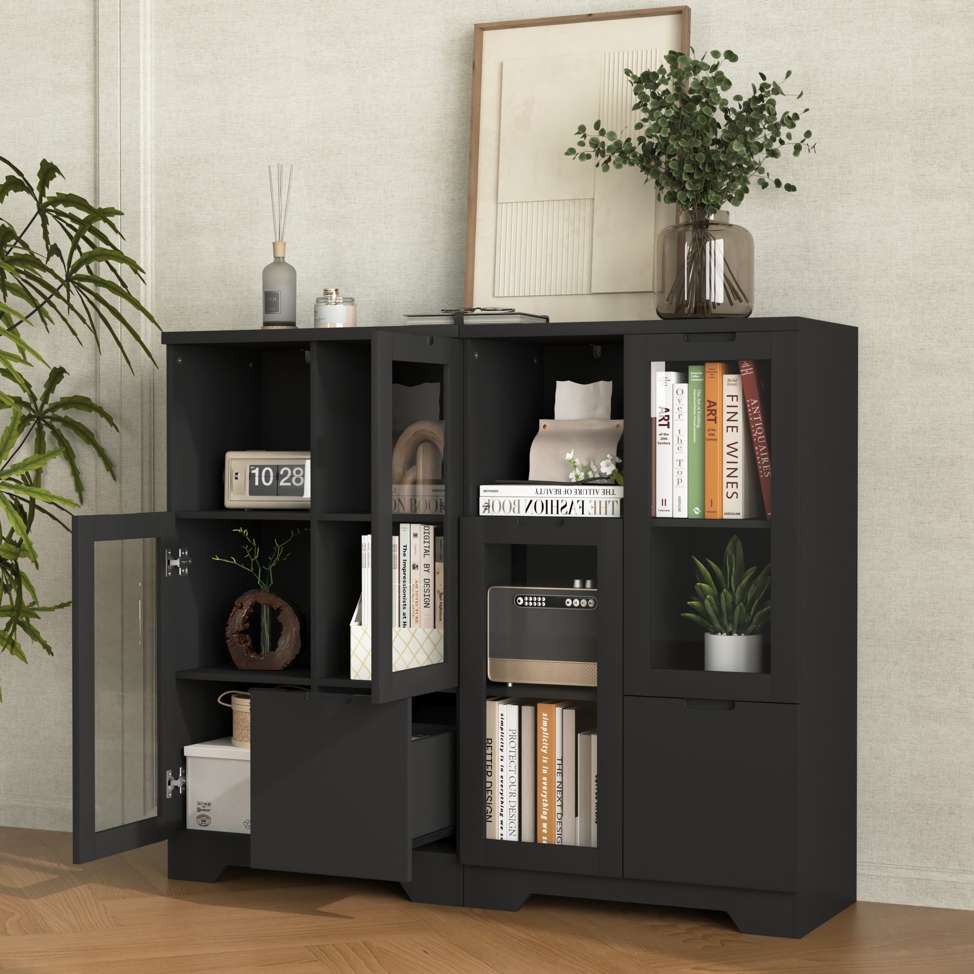 Modern Painted Cabinet With Glass Doors And Drawer - Black - Image 7