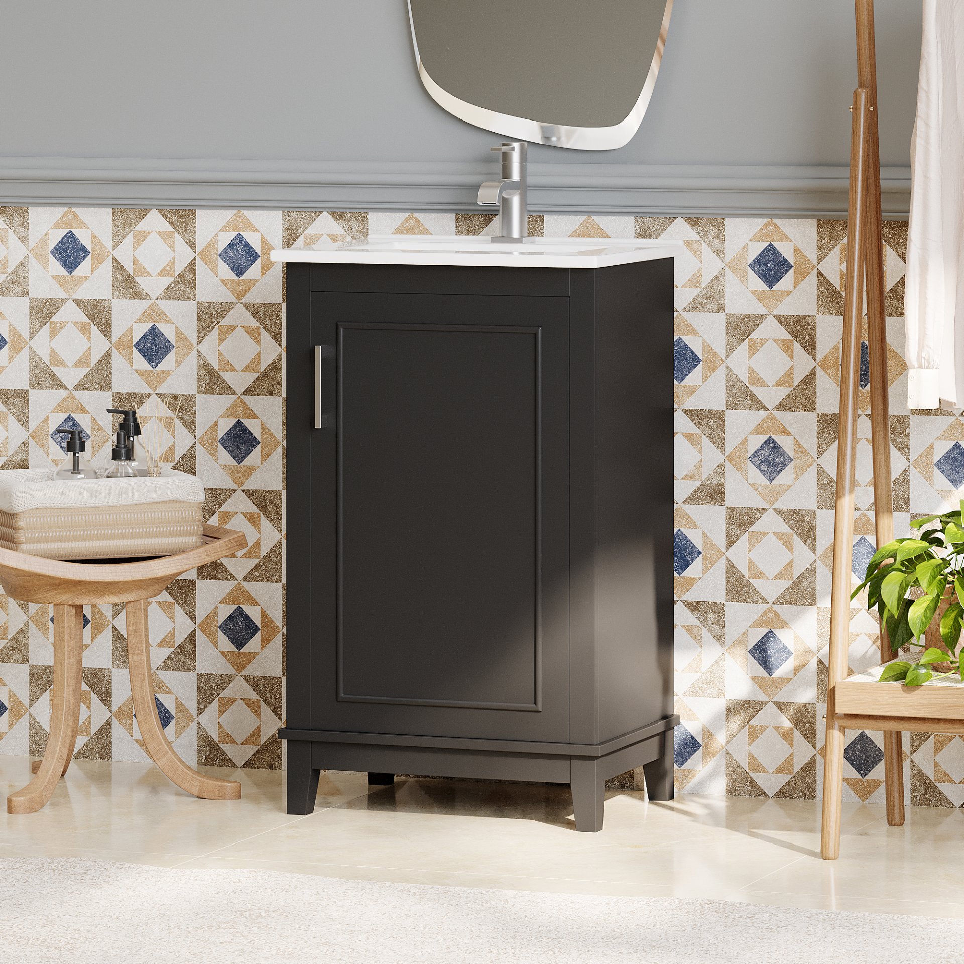 Modern Small Bathroom Vanity Cabinet With Ceramic Basin, Ample Storage, 1 Soft Close Door - Black - Image 6