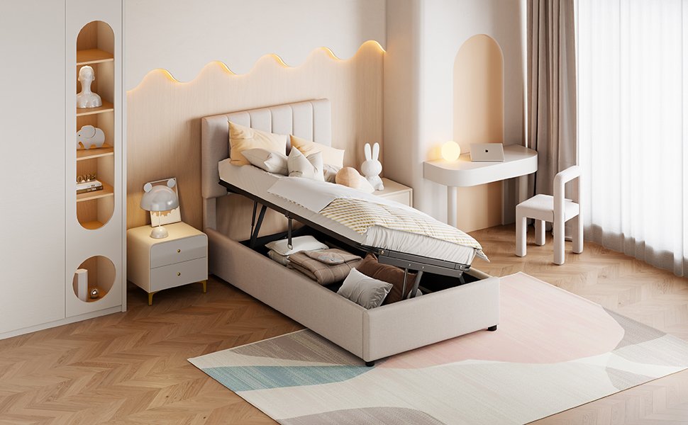 Twin Size Upholstered Platform Bed With A Hydraulic Storage System - Beige - Image 19