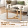 Round Glass Coffee Table Modern Cocktail Table With Tempered Glass Top & Sturdy Wood Base - Natural - Image 8