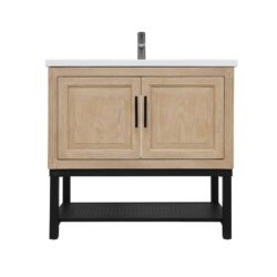 Modern Freestanding 36" Bathroom Vanity With Ceramic Sink, Hot And Cold Faucet, Storage Cabinet & Open Iron Shelf - Natural