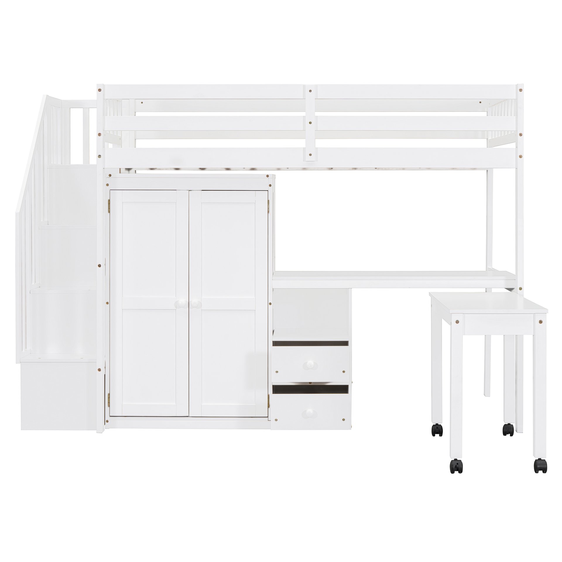 Twin Size Loft Bed With Stairs, Bookshelf, Drawers, Desk & Wardrobe, Space Saving Multifunctional Furniture - White - Image 6