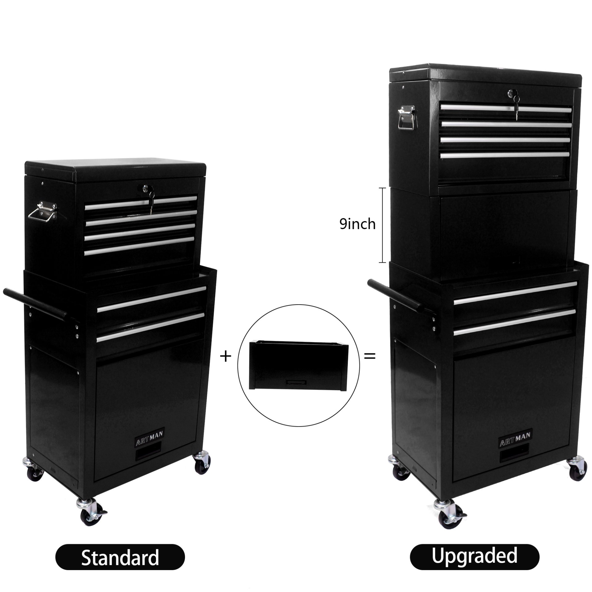 6 Drawer Lockable Tool Cabinet On Wheels Steel Rolling Tool Chest With Detachable Toolbox, 2 In 1 Garage Workshop Storage Organizer With 4 Universal Casters - Black - Image 14