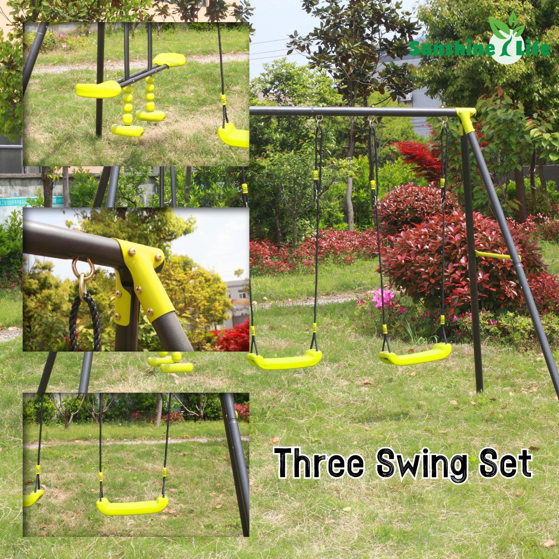 Xns008 Interesting Triple Children Metal Safe Swing Set 440Lbs For Outdoor Playground Three Seat Swing For Age 3+ - Green / Black - Image 5
