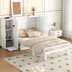 Queen Size Murphy Bed With Shelves, Drawers And USB Ports - White