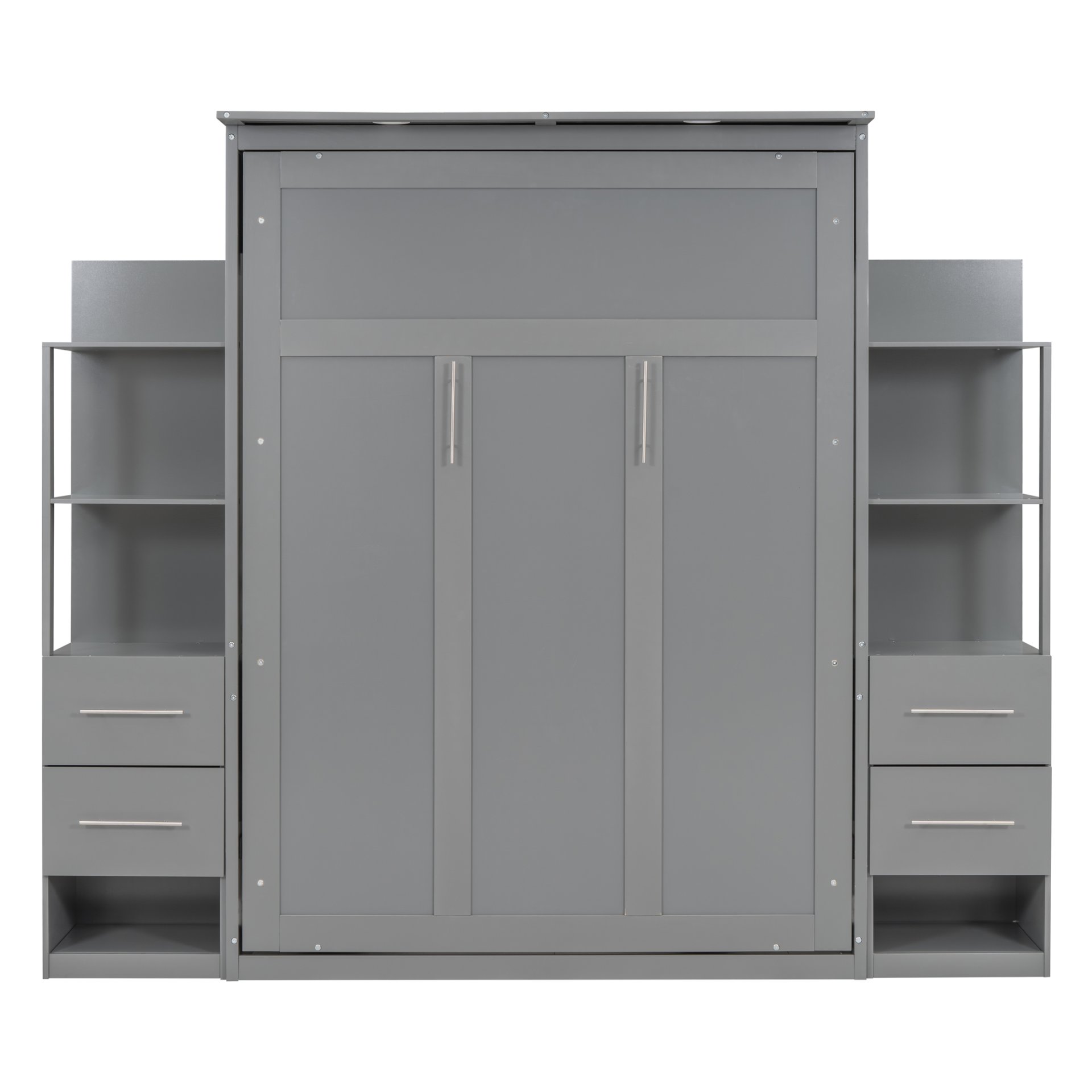 Full Size Murphy Wall Bed & Shelves, Drawers And LED Lights - Gray - Image 10
