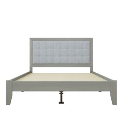 Queen Size Mid Century Modern Solid Wood Platform Bed With Upholstered Headboard - Gray