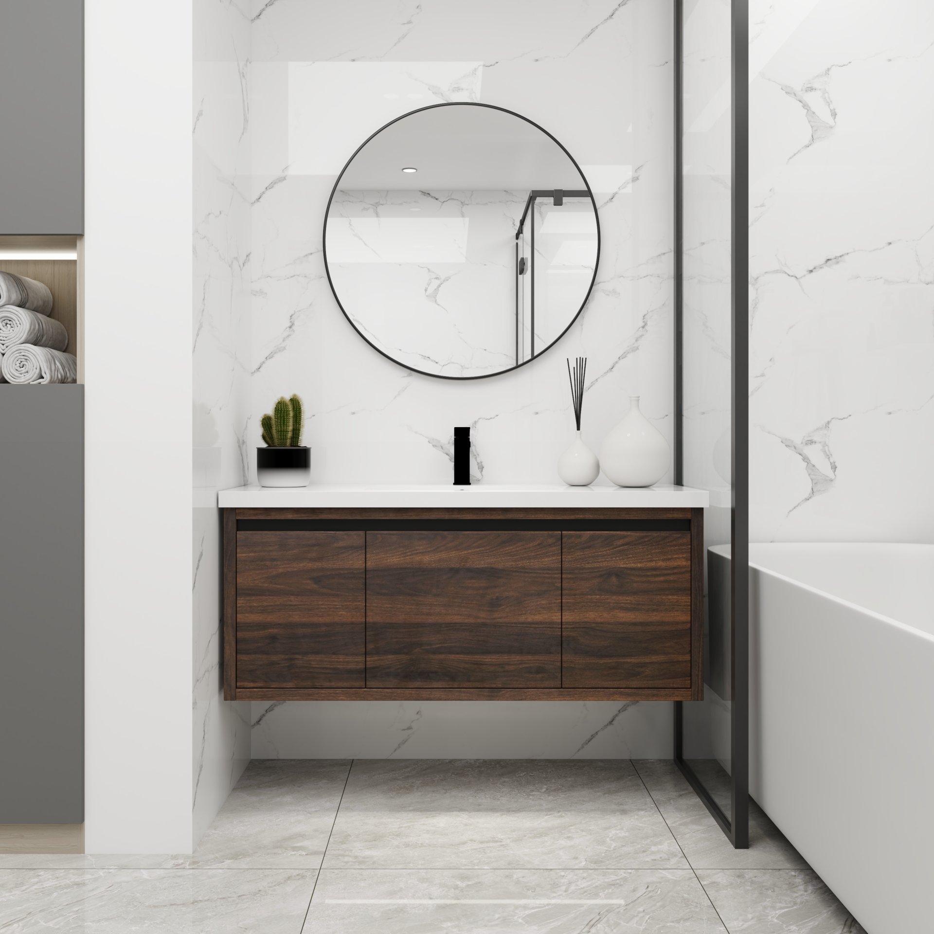 Floating 48" Bathroom Vanity With Resin Sink And Soft Close Doors California Plywood - California Walnut - Image 4