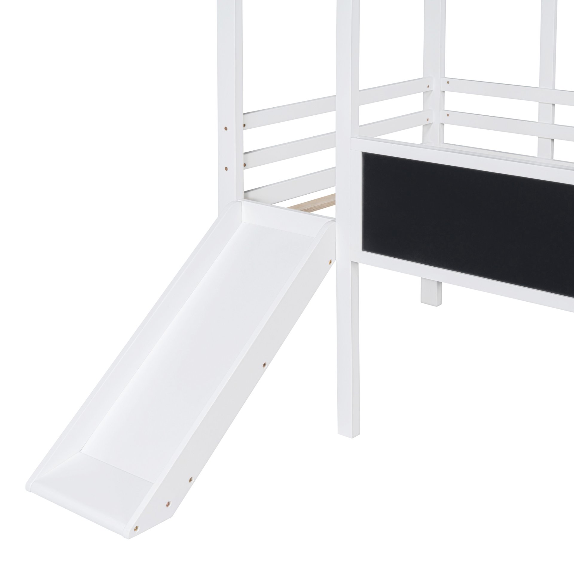 Twin Size Loft House Bed With Ladder And Slide, With Blackboard And Light Strip On The Roof - White - Image 15