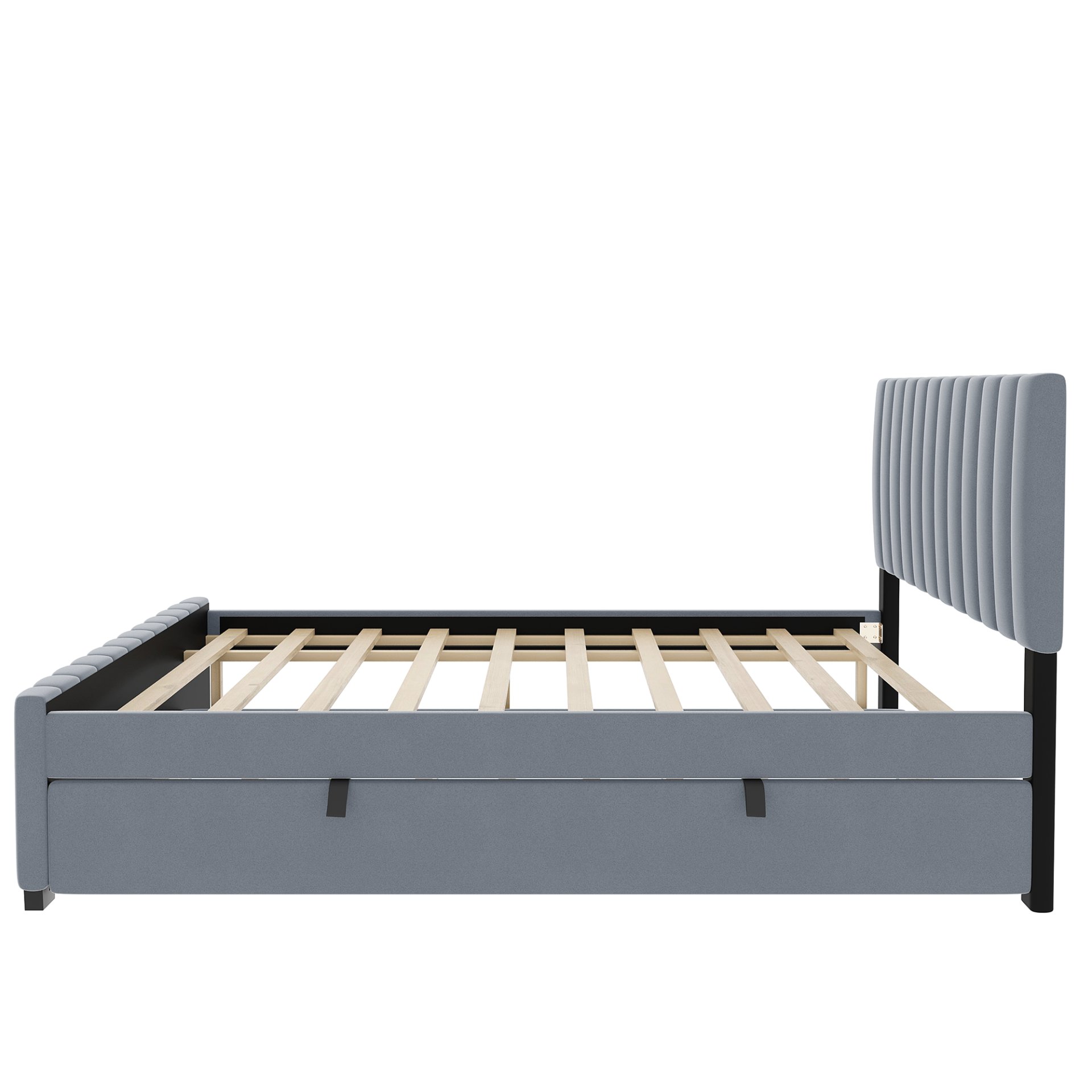 Full Size, Upholstered Platform Bed With Twin Size Trundle, Elegant Design - Gray - Image 6