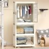 Portable Wardrobe Closet Storage Organizer With Magnetic Doors And Hanging Rod - Cream White - Image 14