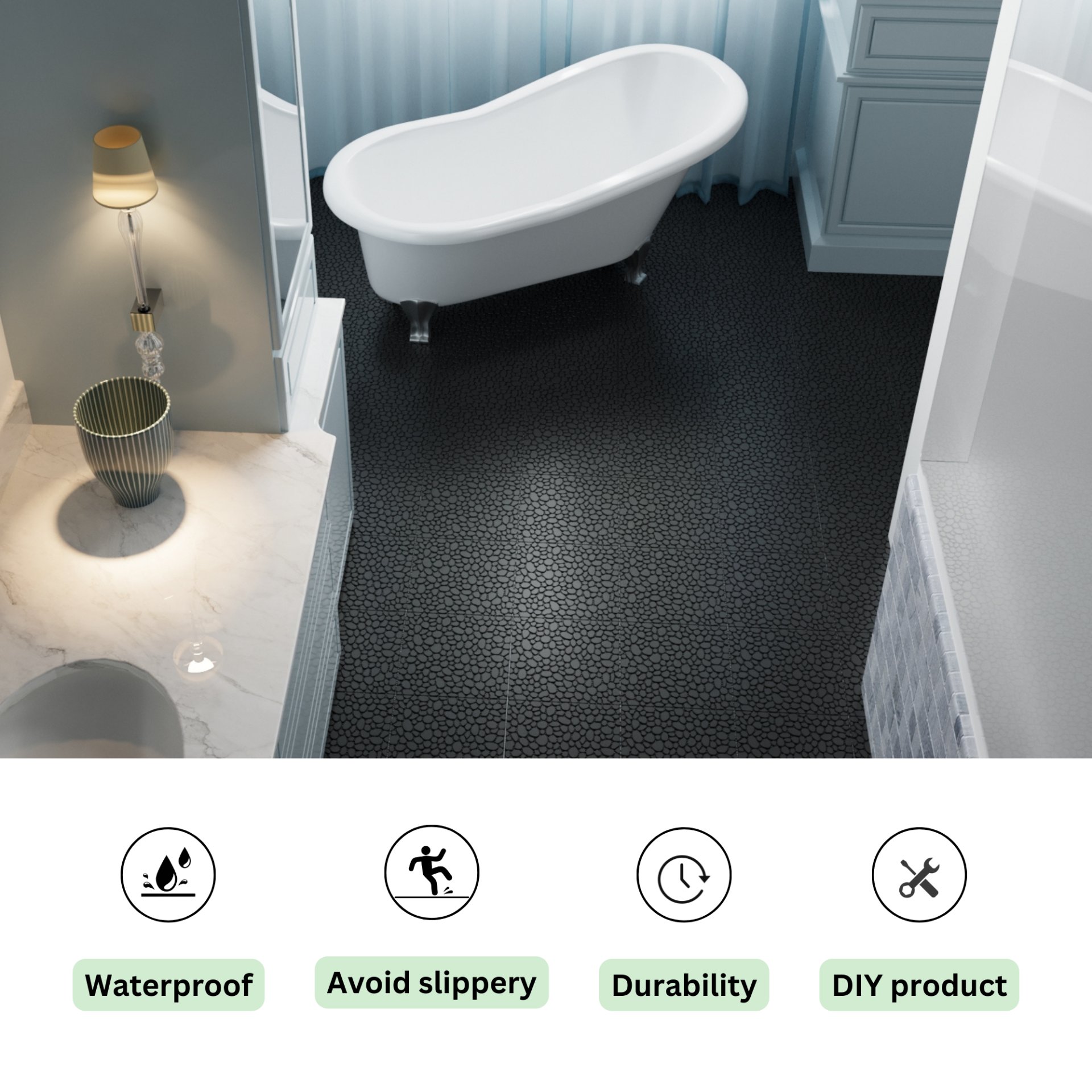 Interlocking Deck Tiles Plastic Waterproof Outdoor All Weather Anti-Slip Bathroom Shower Balcony Porch Strong Weight Capacity Upto 440 Lbs, Pebble Stone Pattern Pack Of 12 - Black - Image 4