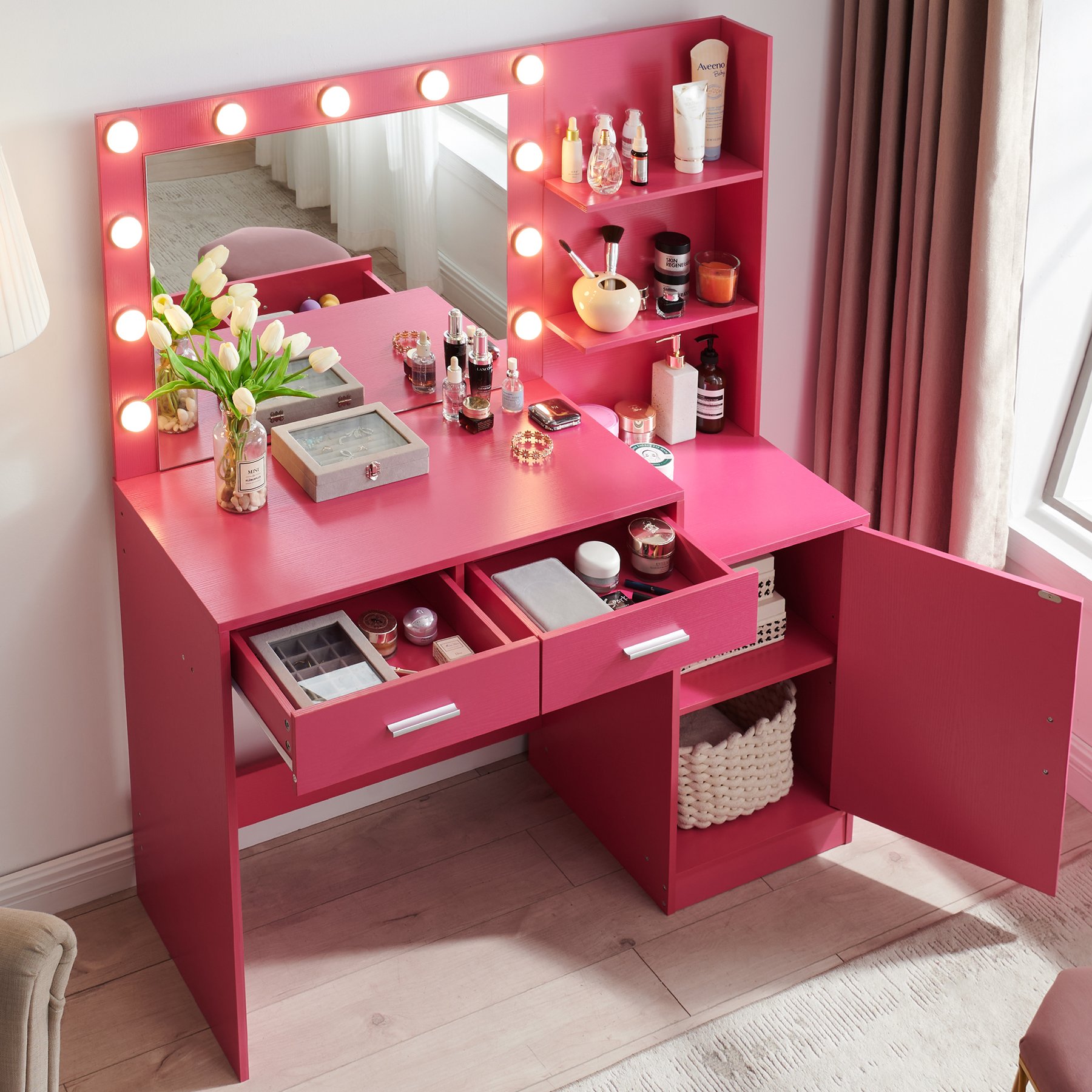 Vanity Desk With Mirror And Lights, 46.4In Dressing Table With 2 Large Drawer & Large Vertical Organizer, 3 Level Dresser & 3 Lighting Modes Adjustable Brightness, Suitable For Bedroom - Rose Pink - Image 6