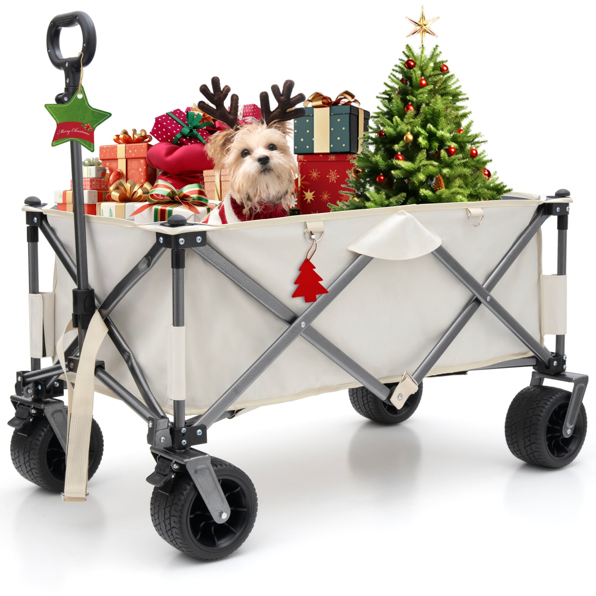 Folding Wagon, Heavy Duty Utility Beach Wagon Cart For Sand With Big Wheels, Adjustable Handle & Drink Holders For Shopping, Camping, Garden And Outdoor - Antique White / Gray - Image 4