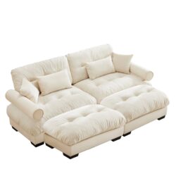 Over Size Modern Velvet 2 Seater Sofa & Ottoman And Round Bolster Armrests - Cream