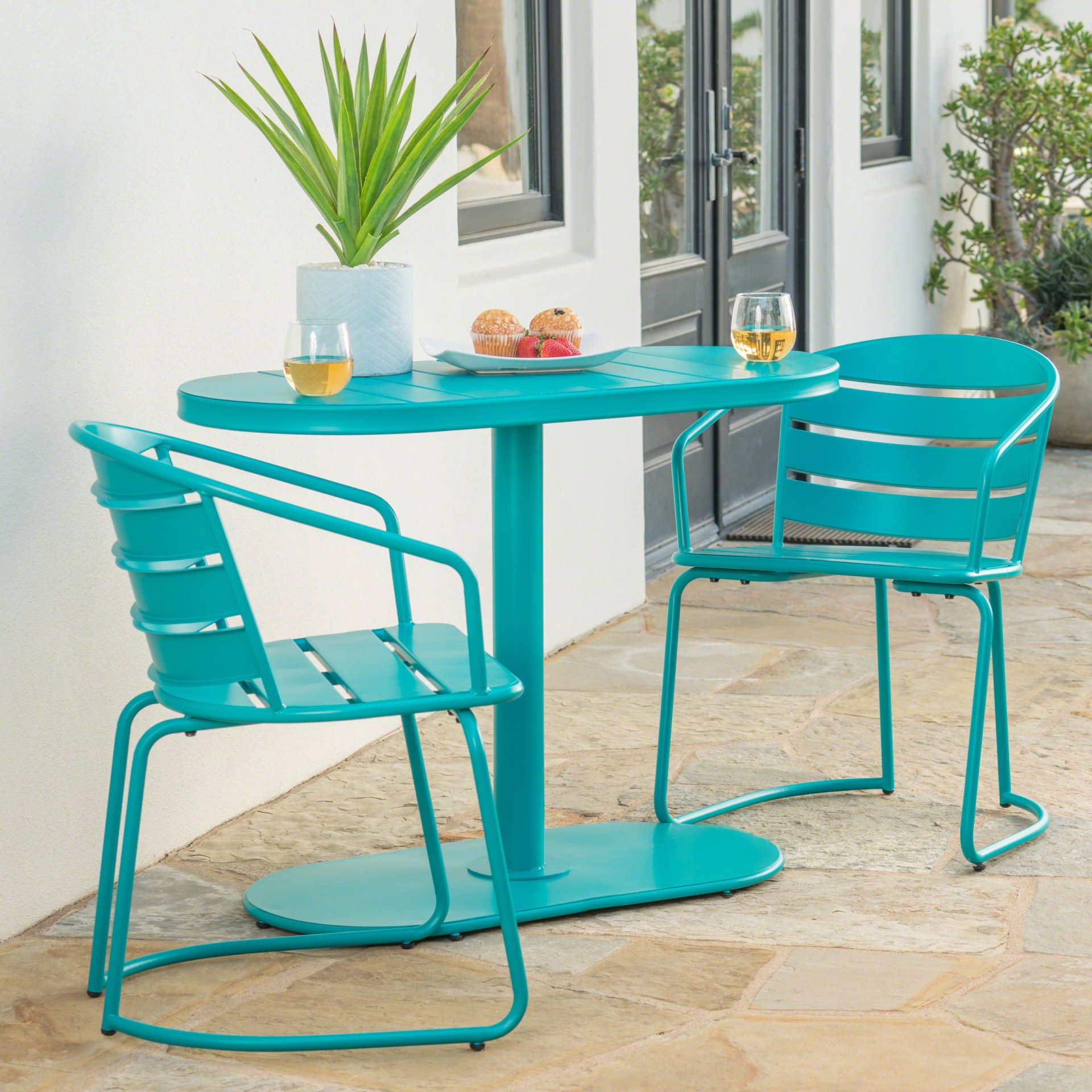 3 Piece Elegant Outdoor Bistro Set With 2 Chairs And Oval Table - Teal - Image 2