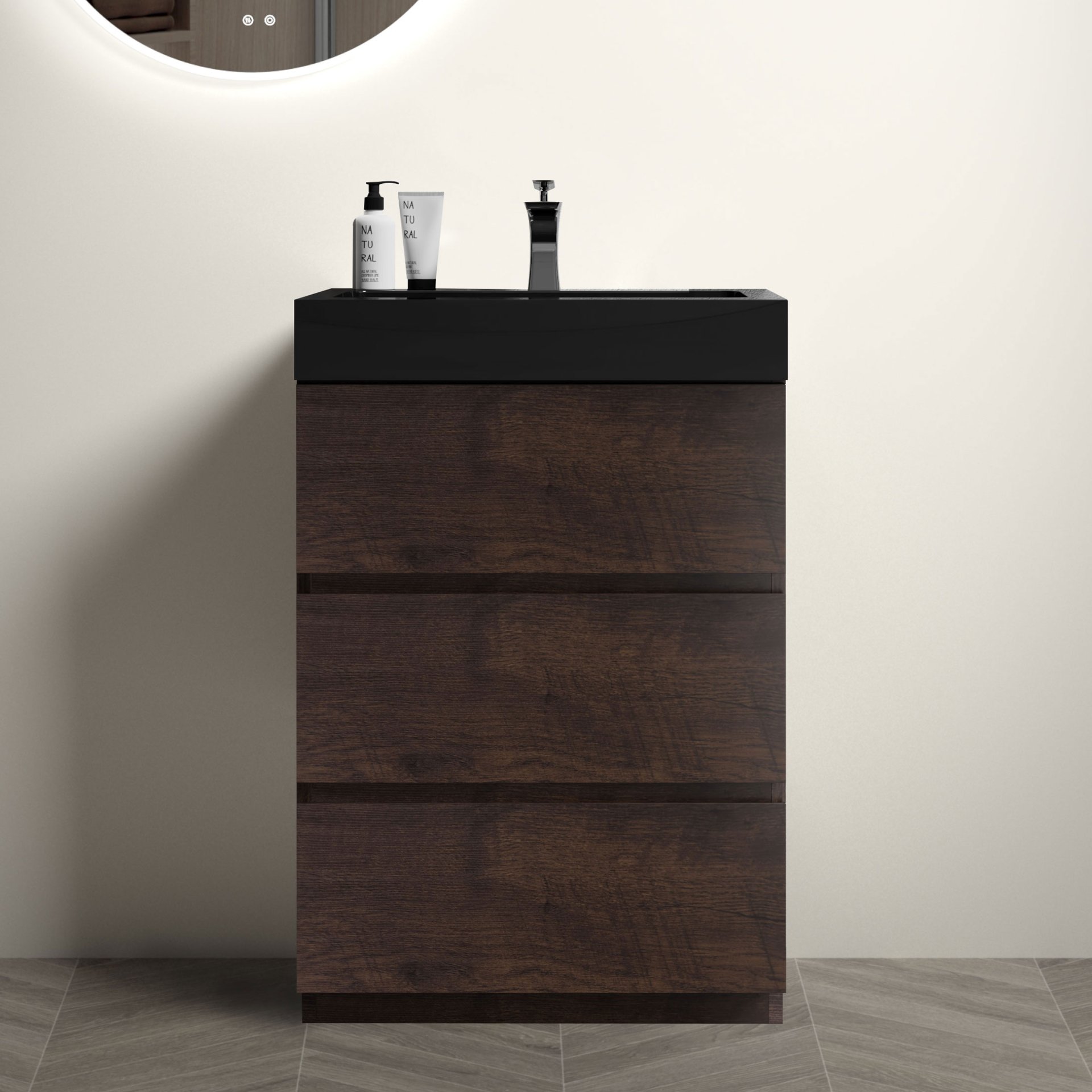 Alice - 24" Bathroom Vanity With Sink, Large Storage Freestanding Bathroom Vanity For Modern Bathroom, One-Piece Sink Basin Without Drain And Faucet - Walnut / Black - Image 2