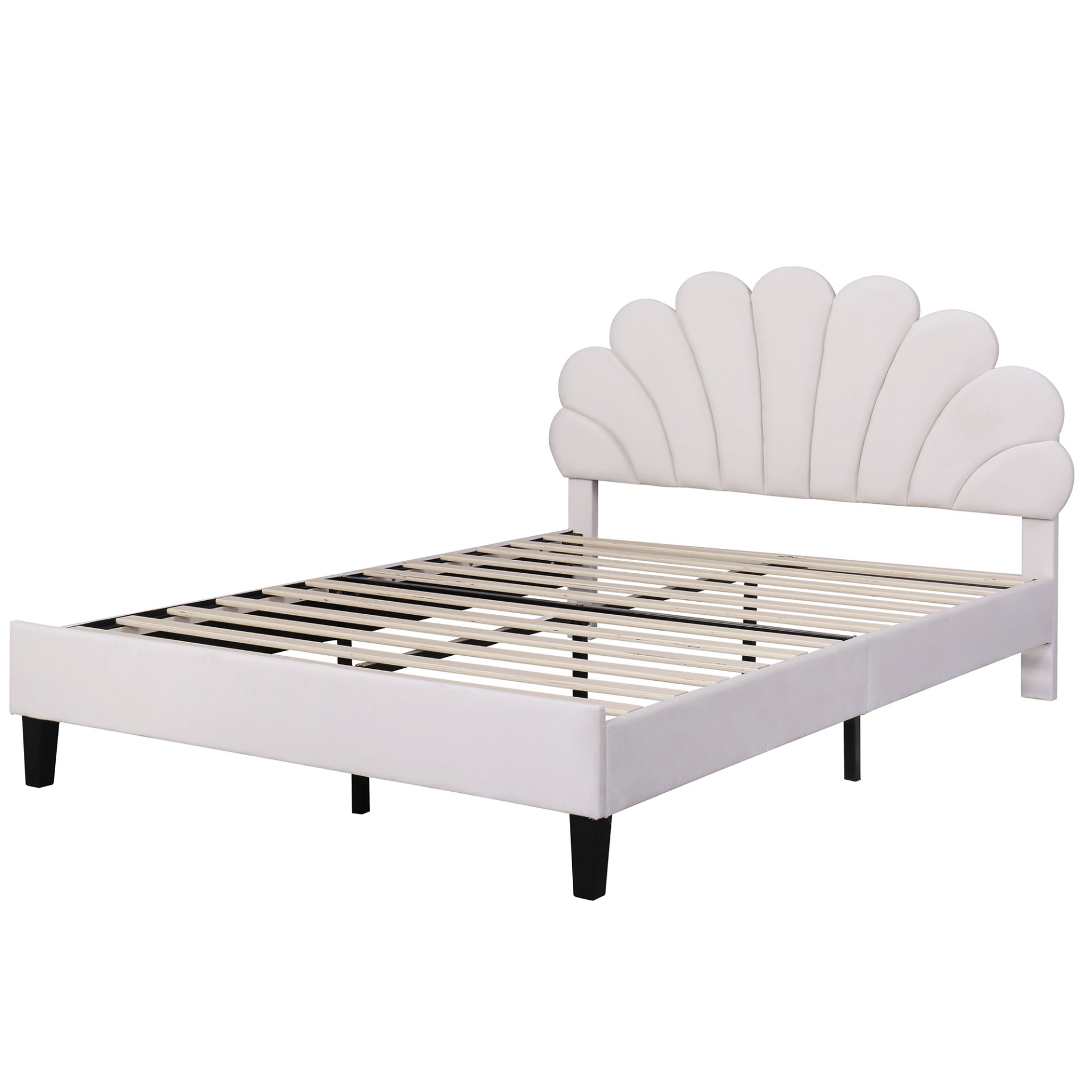 Full Size Upholstered Platform Bed With Flower Pattern Headboard - Beige - Image 5